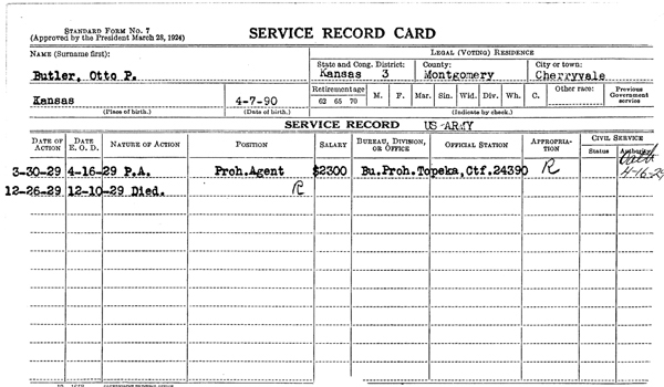 Image of a service record card for Otto P. Butler