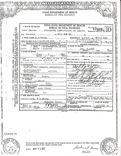 Image of Patrick C. Sharp's certificate of death