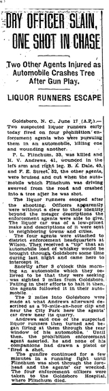 Image of The Washington Post newspaper article, dated June 18, 1930, with the headline, Dry Officer Slain, One Shot in Chase