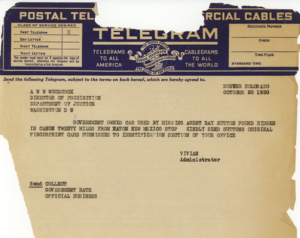 Image of a telegram regarding the finding of Ray Sutton's vehicle
