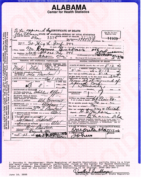 Image of Remus Buckner certificate of death