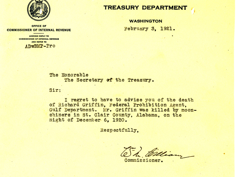 Picture of the death announcement from the Treasury Department regarding Richard Griffin.