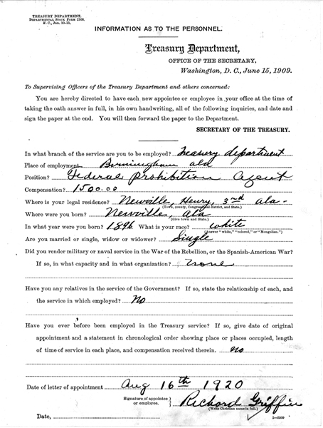 Image of personnel document of Richard Griffin.