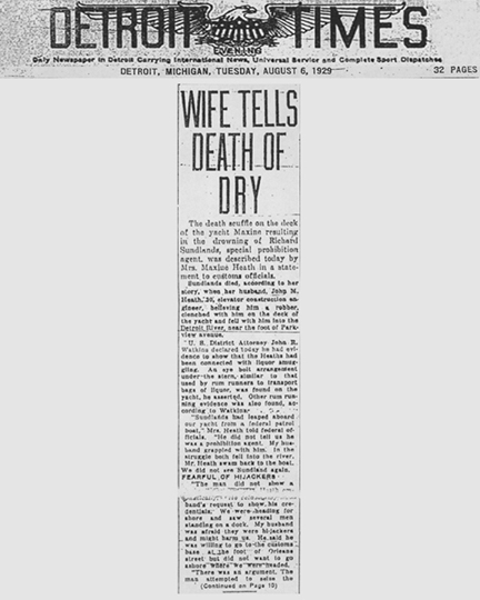 Image of the Detroit Times newspaper article, dated August 6, 1929, with the headline, Wife Tells Death of Dry