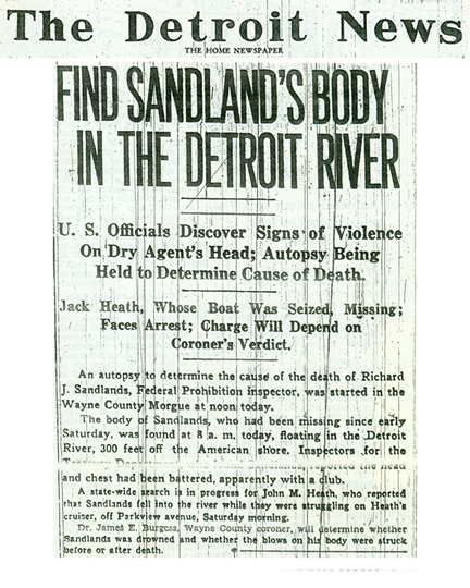 Image of the Detroit News article, dated August 7, 1929, with the headline, Find Sandland's Body in the Detroit River