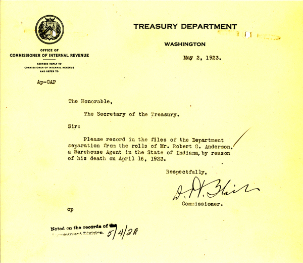 Telegram announcing the death of Robert Anderson