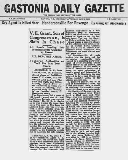 Image of Gastonia Daily Gazette newspaper article with the headline -  V. E. Grant, Son of Congressman, Is Slain in Chase