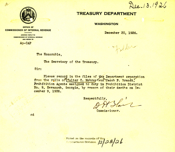 Image of a telegram regarding the death of Walter C Mobray