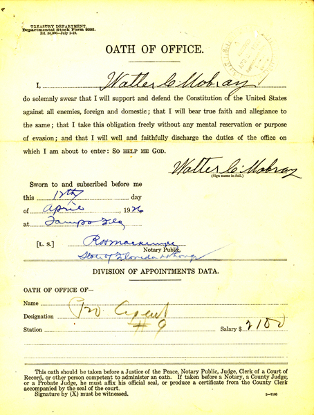 Image of Walter C Mobray oath of office document