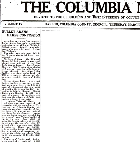 Image of a newspaper article with headline, Burley Adams Makes Confession