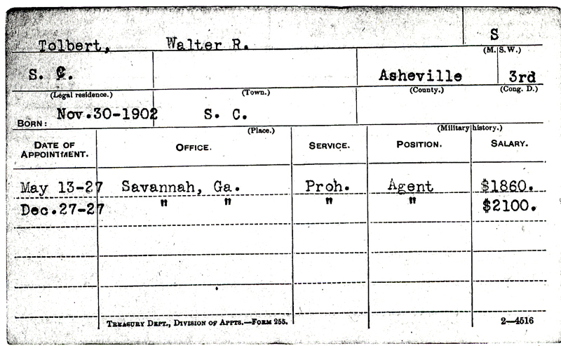 Image of Walter R. Tolbert's Service Record Card document