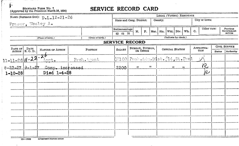 Image of Wesley A Faser's service record card