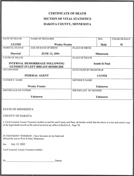 Image of Wesley A. Fraser's certificate of death