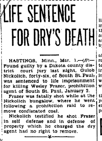 Image of a newspaper article with headline, Life Sentence for Dry's Death