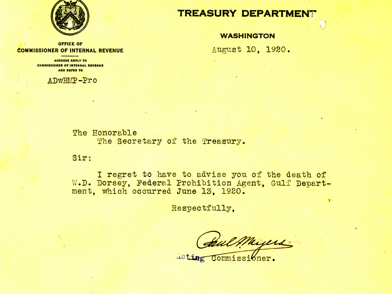 Picture of the death announcement from the Treasury Department regarding William Daniel Dorsey