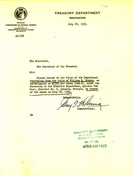 Image of letter to files for the death of William Braden