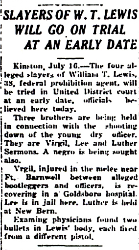 Image of a newspaper article with headline, Slayers of W. T. Lewis Will Go on Trial at an Early Date