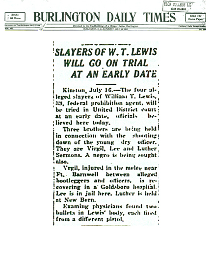 Image of The Burlington Daily Times article with headline, Slayers of W. T. Lewis Will Go on Trial at an Early Date