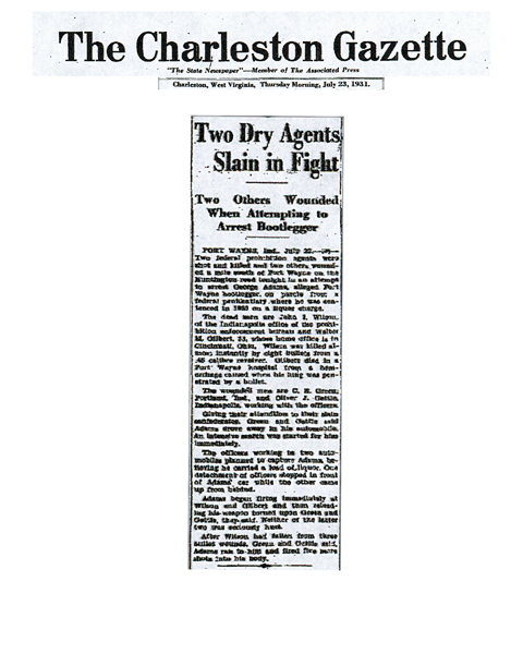 Image of newspaper article in the The Charleston Gazette with headline: Two Dry Agents Slain in Fight