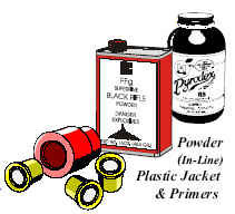 Image of an illustration of a jar and canister of gun powder and a plastic jacket and primers.