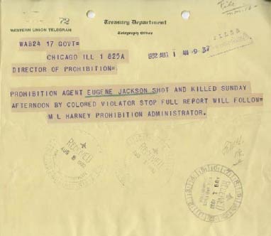 Picture of Western Union Telegram announcing the death of Prohibition Agent Eugene Jackson