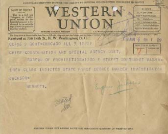 Image of Western Union Telegram announcing the indictment of Drew Clark