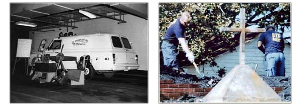Two images. The image on the left is an ATFD van on scene at a arson with investigation tools next to it.  The image on the right is two ATFD agents digging through the rubble of a burt down church