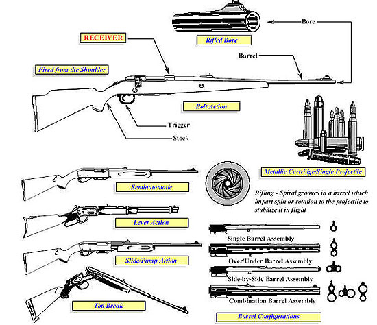Image of varying rifle configuration types (semiautomatic, lever action, slide or pump action, and top break), component of a rifle, metallic cartridge and single projectile, and barrel configurations. 
