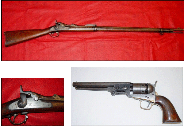 Image of the Springfield rifle issue to Deputy Collectors and a picture of the Navy Colt .36 pistol used by moonshiners.