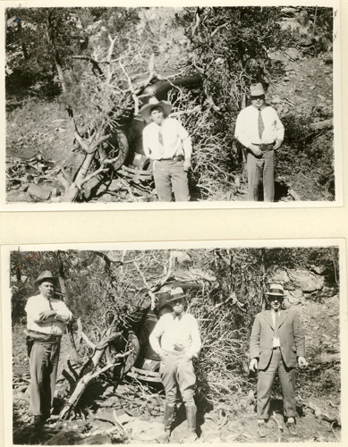 Image of Searchers posing in front of Sutton’s partially visible sedan, still hidden by underbrush.