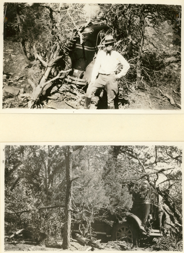 Image of a searcher posing in front of Sutton’s partially visible sedan, and of Sutton's vehicle.