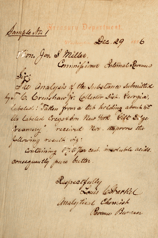 Image of the 1st laboratory report analyzing butter samples for oleomargarine, sample number 1, dated December 29, 1886.  It concludes that the first tested sample is pure butter.
