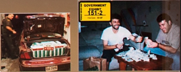 Two images.  The left image is of law enforcement searching a car with the trunk open full of cigarette cartons.  The right image is a government trial exhibit of two men sitting in front of a table with a pile of cash on top of it.  
