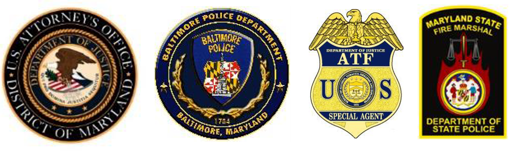 Image of the DOJ Seal, Baltimore Police Seal, Secial Agent ATF Badge, and Fire Marshals Seal.