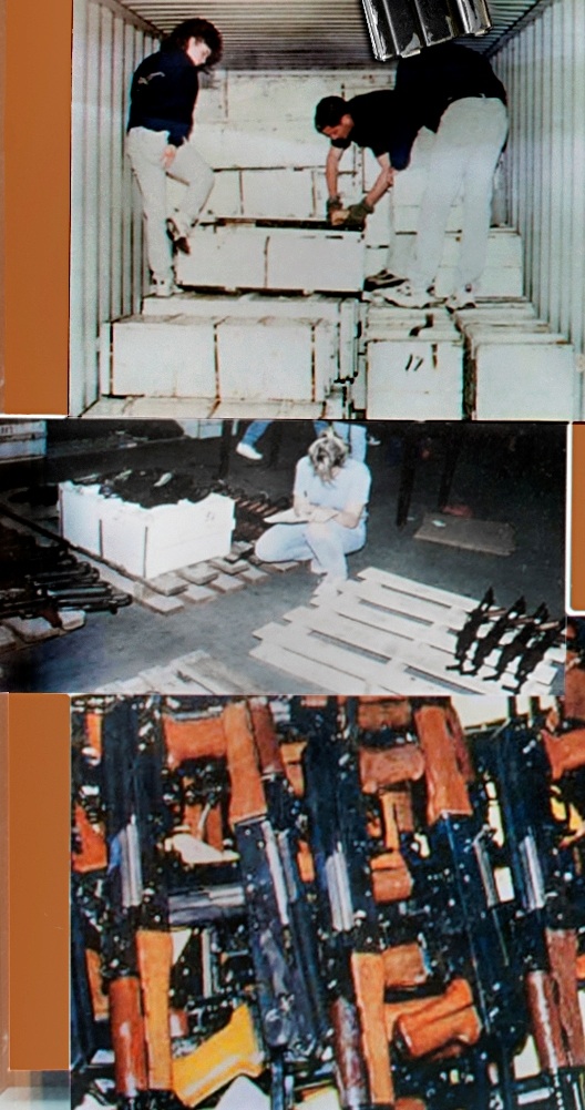 Picture of three ATF agents confiscating firearms in shipping crates (top). ATF inspector taking inventory of captured guns (middle). Confiscated rifles piled together (bottom).