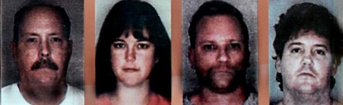 Image of four arrested perpetrators, Dr. Robert Goldstein (left), Kristi Goldstein (left middle), Dr. Michael Hardee (right middle), and Samuel Shannahan (right)