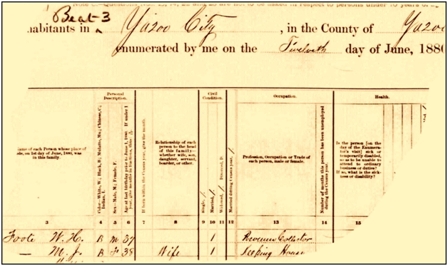 Image of 1880 census record indicating William Foote's occupation as a Revenue Collector
