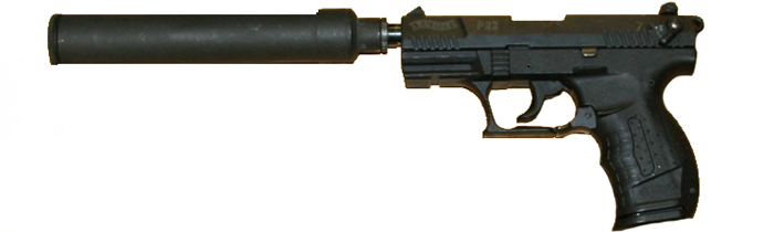 Image of a Walther P 22 with suppressor 