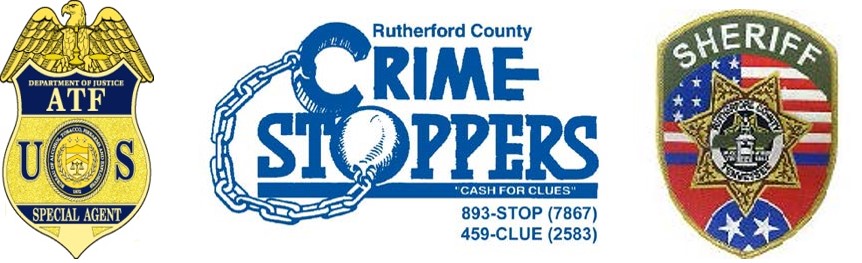 ATF special agent badge, Rutherford County Crime Stoppers logo, and Rutherford County Sheriff's badge