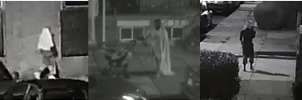 An unidentified male suspect entering is shown approaching the garage in the first image, pushing a stroller in the second image, and standing outside of the garage in the third image. 