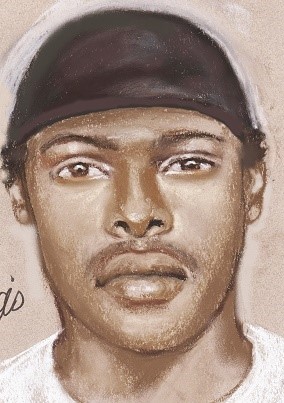 Sketch of the suspect wearing a black hat, with medium length black hair.