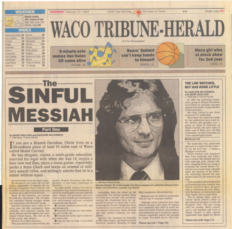 Waco Tribune-Herald newspaper page featuring the story "The Sinful Messiah" part one.