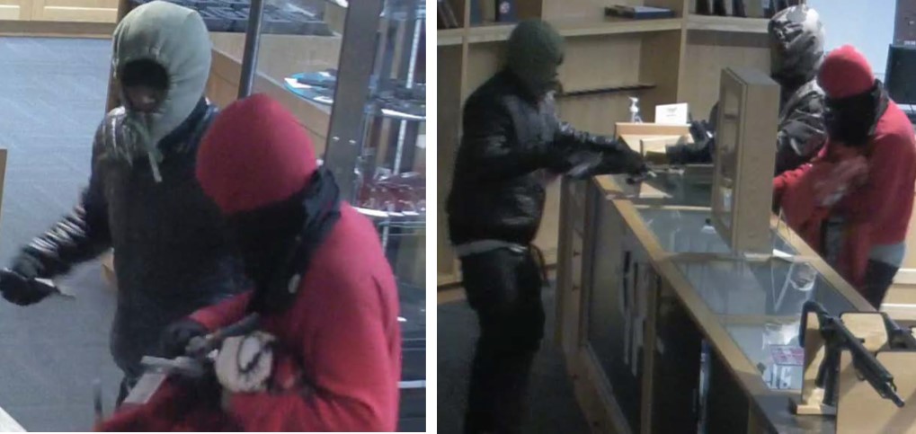 Image of suspects wanted for the theft of firearms from Trop's Gun Shop.