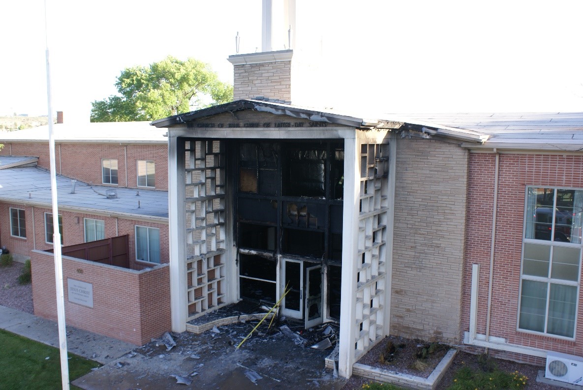 Aerial view of the fire damage on front side of the church