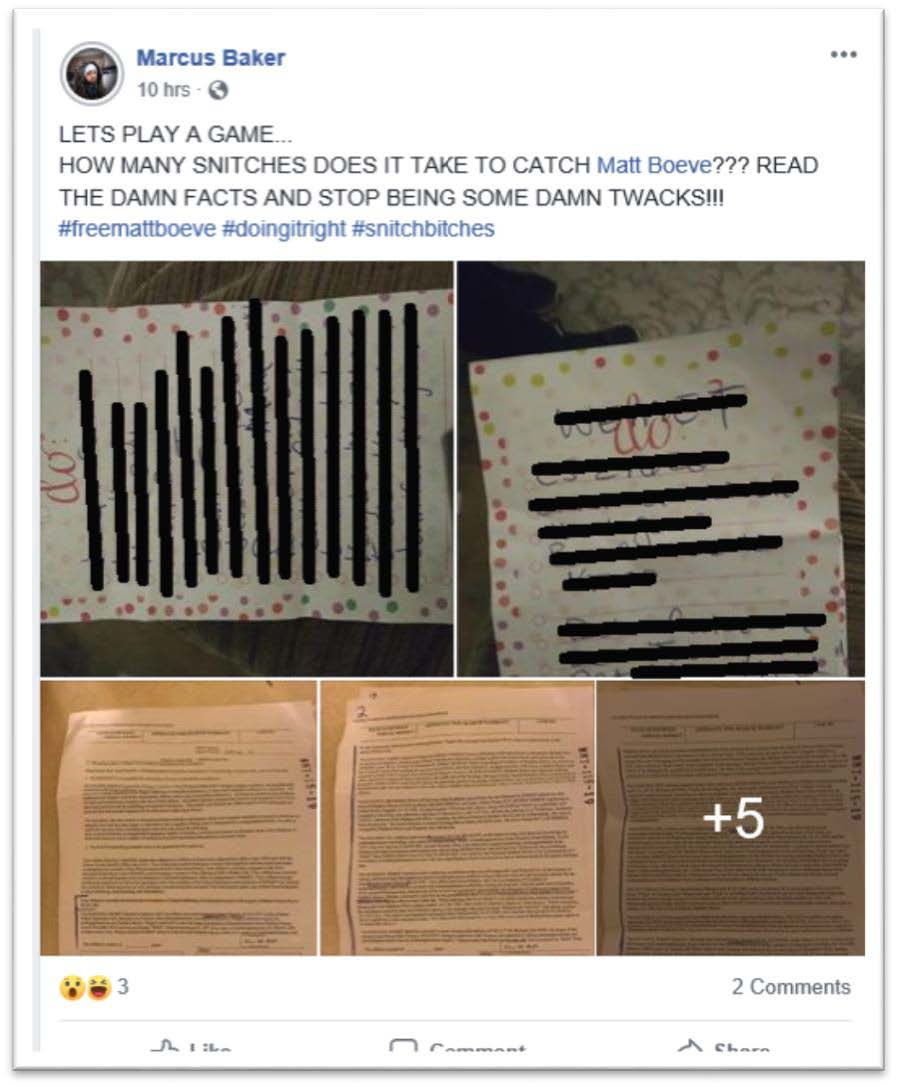 Facebook post of threatening messages to witnesses