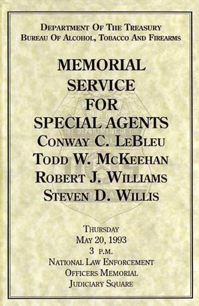 Cover of Memorial Service Program for special agents killed in Waco (1 of 4)