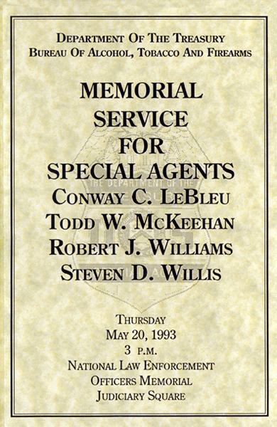 Cover of Memorial Service Program for special agents killed in Waco (1 of 4)