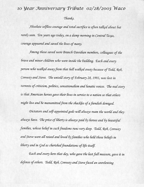 Waco Ten Year Anniversary Tribute Speech, February 28, 2003 (1 of 3)