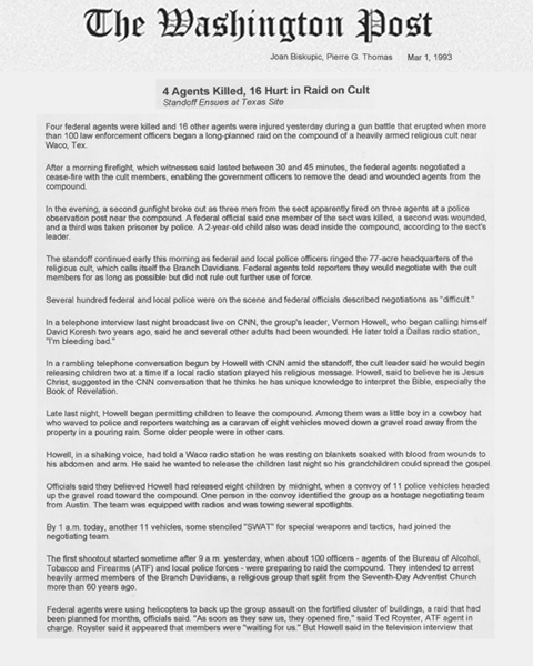 The Washington Post article, dated March 1, 1993, with the headline 4 Agents Killed, 16 Hurt in Raid on Cult (1 of 3)