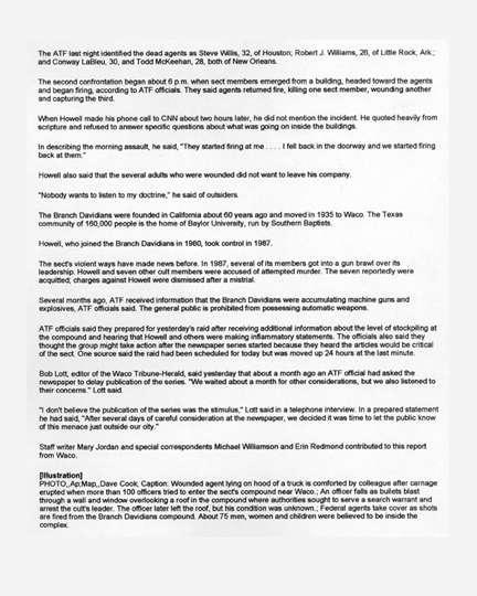 The Washington Post article, dated March 1, 1993, with the headline 4 Agents Killed, 16 Hurt in Raid on Cult (3 of 3)